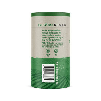 Back of Pure Shenandoah Hemp Seed Cookies container with nutrition information, product details, and barcode.