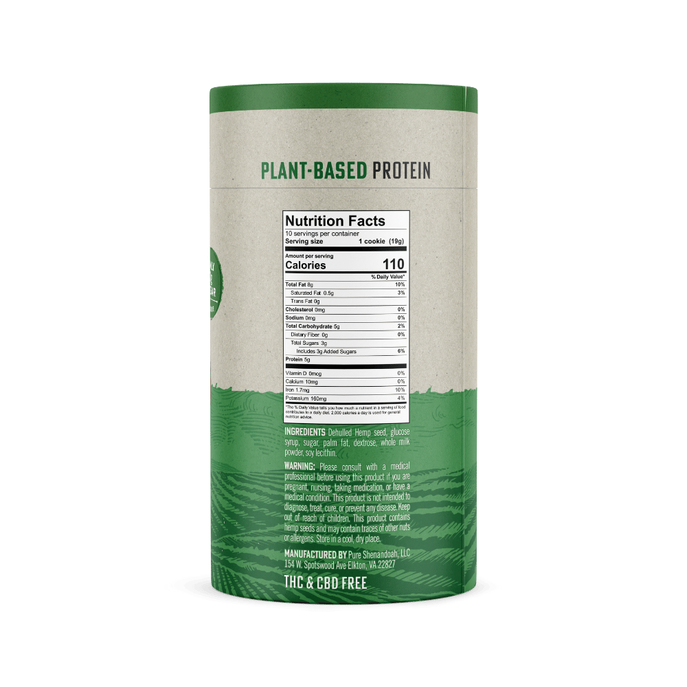 Side of Pure Shenandoah Hemp Seed Cookies container showing plant-based protein label, nutrition facts, and ingredients.