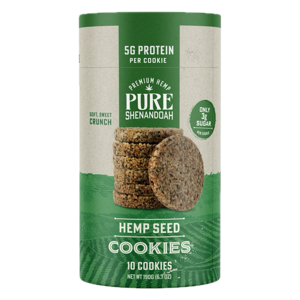 Pure Shenandoah Hemp Seed Cookies container with 10 cookies, 5g protein per cookie, and only 3g sugar.