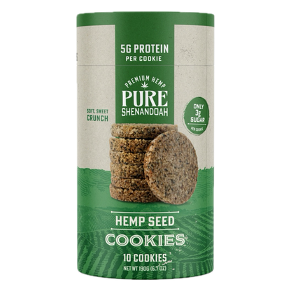 Pure Shenandoah Hemp Seed Cookies container with 10 cookies, 5g protein per cookie, and only 3g sugar.
