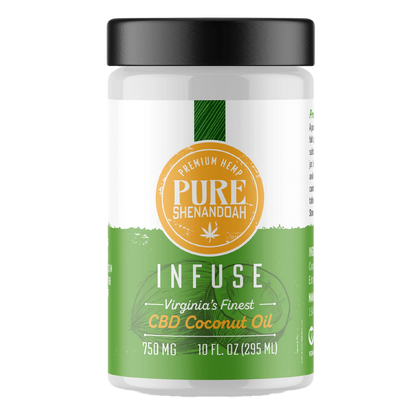 Front view of Pure Shenandoah Infuse CBD Coconut Oil 10 fl oz jar with 750 mg CBD, featuring the brand logo and green label design.