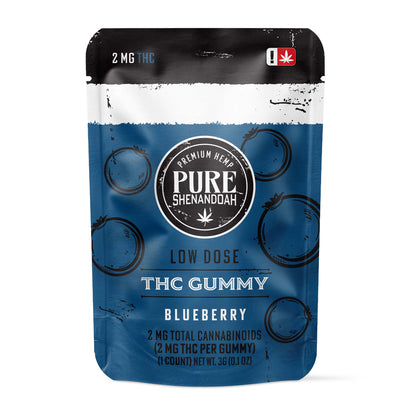 Pure Shenandoah Low Dose THC Gummy Blueberry flavor, blue pouch packaging, 2mg THC per gummy.