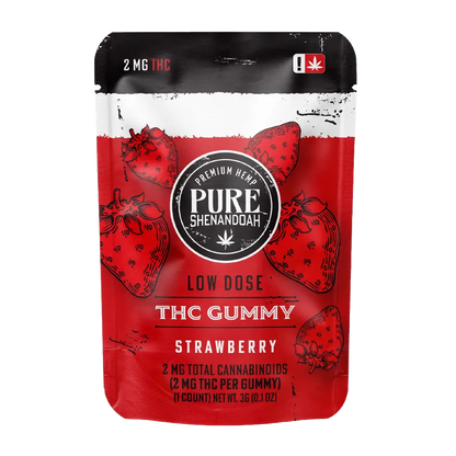 Pure Shenandoah Low Dose THC Gummy Strawberry flavor, 2mg THC per gummy, single pouch packaging