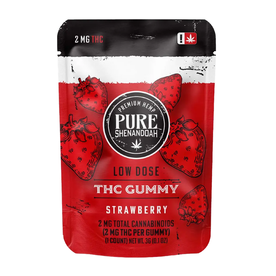Pure Shenandoah Low Dose THC Gummy Strawberry flavor, 2mg THC per gummy, single pouch packaging