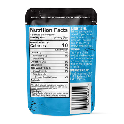 Back of Pure Shenandoah Micro Dose THC Gummy Blue Raspberry pouch, showing nutrition facts, ingredients, and usage information.