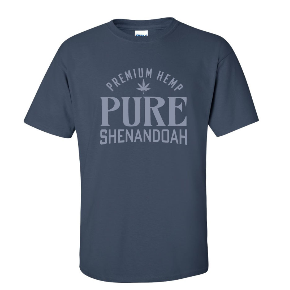 Dusk blue short sleeve t-shirt with Pure Shenandoah Premium Hemp logo printed on the front.