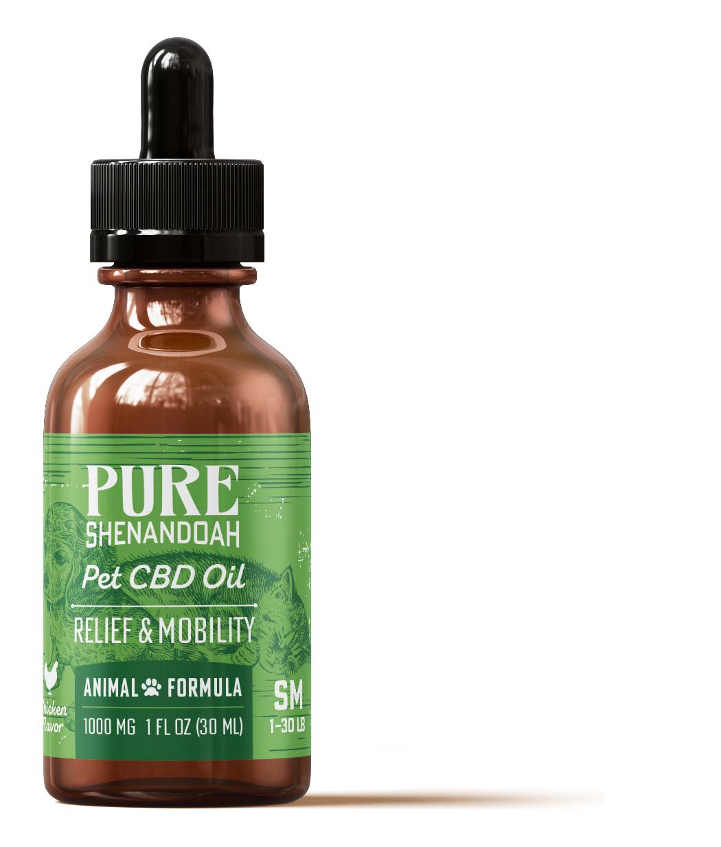 Pure Shenandoah Relief & Mobility Pet CBD Oil, 1000mg formula in amber dropper bottle with green label, small dog size (1–30 lbs).