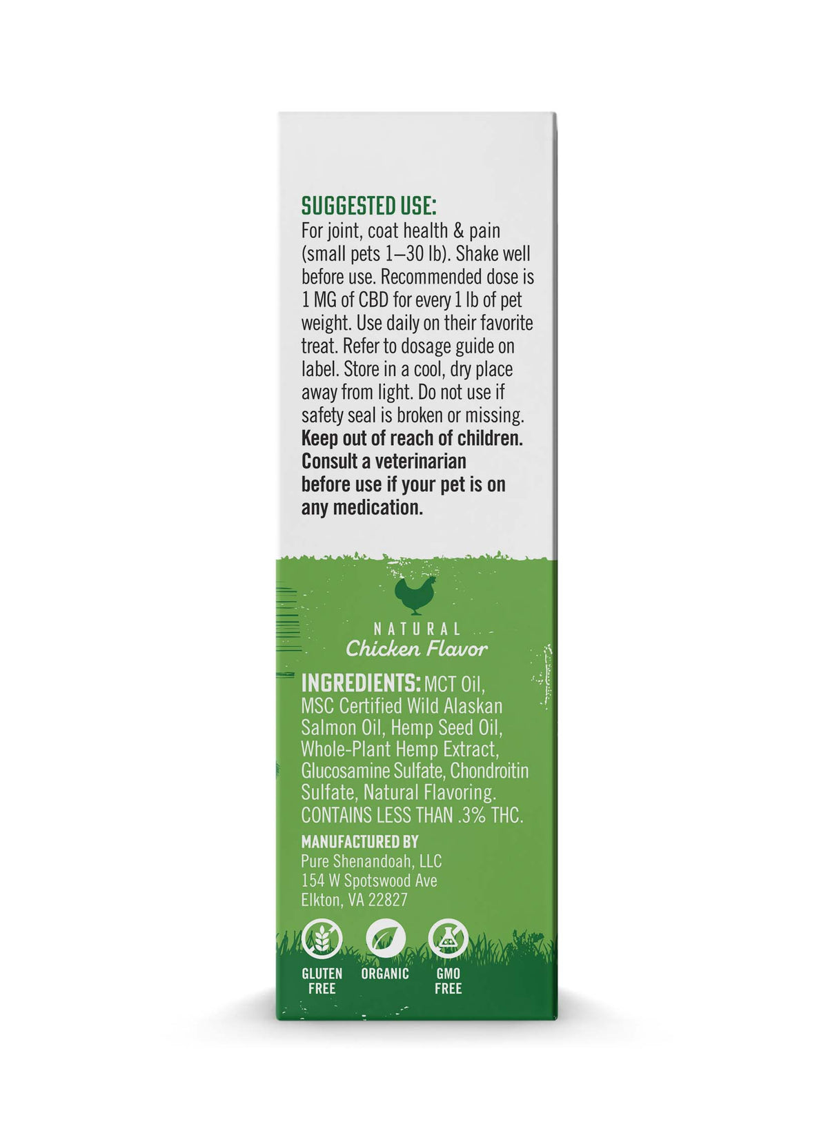 Side panel of Pure Shenandoah Relief & Mobility Pet CBD Oil 1000mg box, showing suggested use, ingredients list, and chicken flavor label on green packaging.