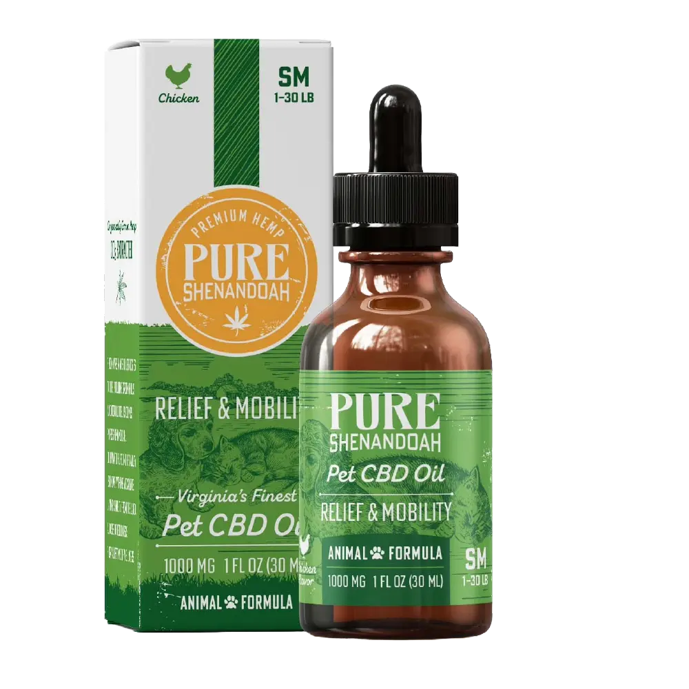 Pure Shenandoah Relief & Mobility Pet CBD Oil, 1000mg formula in amber dropper bottle with green box packaging, small dog size (1–30 lbs).