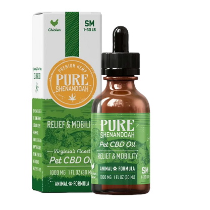 Pure Shenandoah Relief & Mobility Pet CBD Oil, 1000mg formula in amber dropper bottle with green box packaging, small dog size (1–30 lbs).