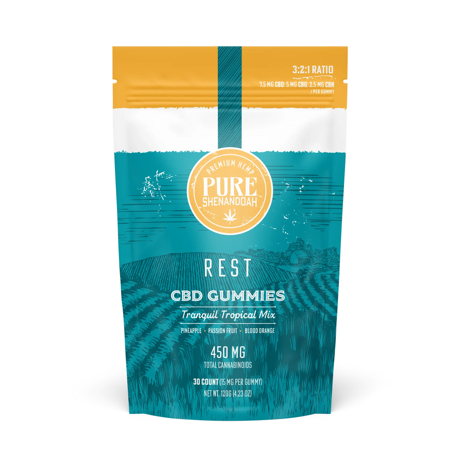 Pure Shenandoah Rest CBD Gummies 30 count front packaging, tropical mix flavor with pineapple, passion fruit, and blood orange, labeled 450mg total cannabinoids.
