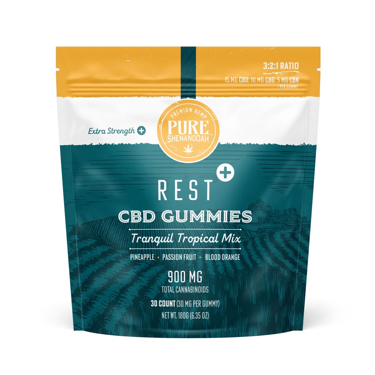 Front view of Pure Shenandoah Rest Plus CBD Gummies 30-count pouch, tropical mix flavor (pineapple, passion fruit, blood orange), labeled with 900 mg cannabinoids and 3:2:1 ratio of CBD, CBG, and CBN.