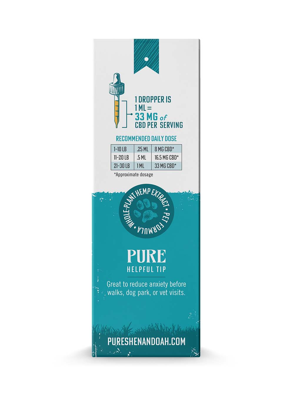 Back view of Pure Shenandoah Tame Pet CBD Oil 1000mg box, showing dosage chart, serving information, and product details.