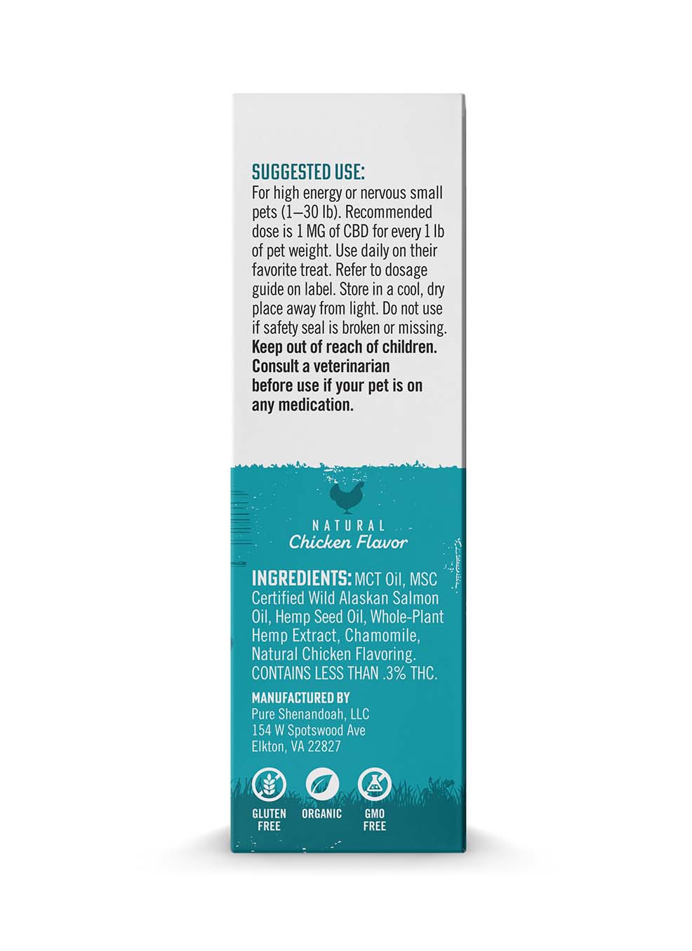 Back view of Pure Shenandoah Tame Pet CBD Oil 1000mg box, showing dosage chart, serving information, and product details.