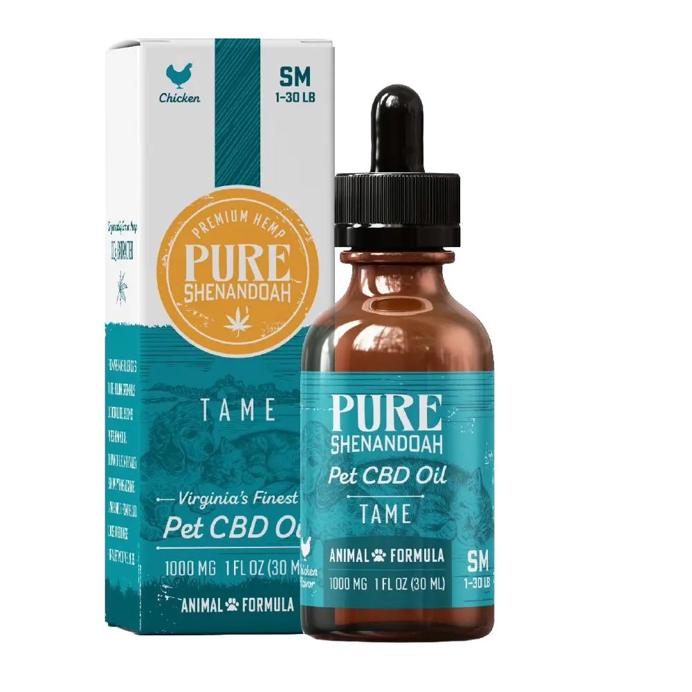 Pure Shenandoah Tame Pet CBD Oil, 1000mg formula for small dogs (1–30 lbs), chicken flavor. Product bottle with dropper shown alongside retail packaging.