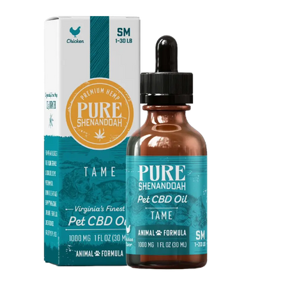 Pure Shenandoah Tame Pet CBD Oil, 1000mg formula for small dogs (1–30 lbs), chicken flavor. Product bottle with dropper shown alongside retail packaging.