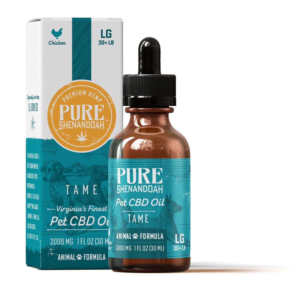 Pure Shenandoah Tame Pet CBD Oil 2000mg for large pets, amber dropper bottle displayed with product box packaging.