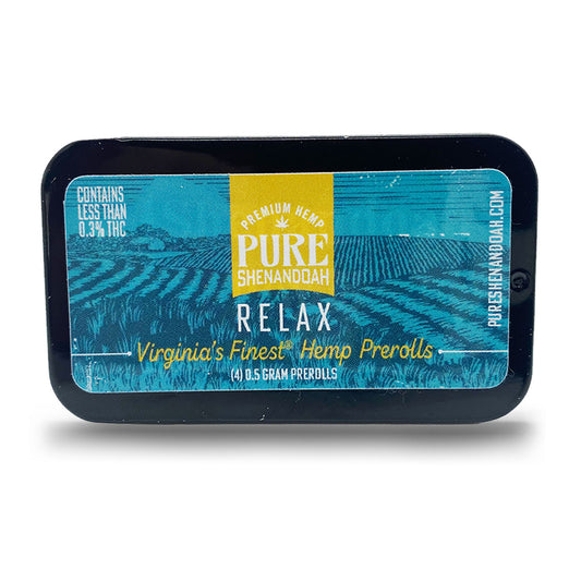 Pure Shenandoah Relax Pre-Rolls tin, blue and yellow packaging labeled "Virginia’s Finest Hemp Prerolls," closed container holding four 0.5 g hemp pre-rolls.