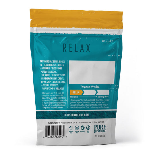 Back of Pure Shenandoah Relax Hemp Flower 3.5g bag, teal and orange design with product details, terpene profile, and compliance information.