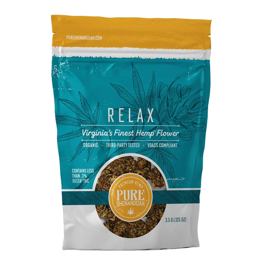Pure Shenandoah Relax Hemp Flower 3.5g bag, blue and white packaging with hemp leaf design and clear window showing flower inside.