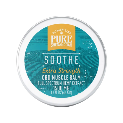 Pure Shenandoah Soothe CBD Muscle Balm front label, extra strength 1500 mg full spectrum hemp extract in a 1.5 oz round container.
