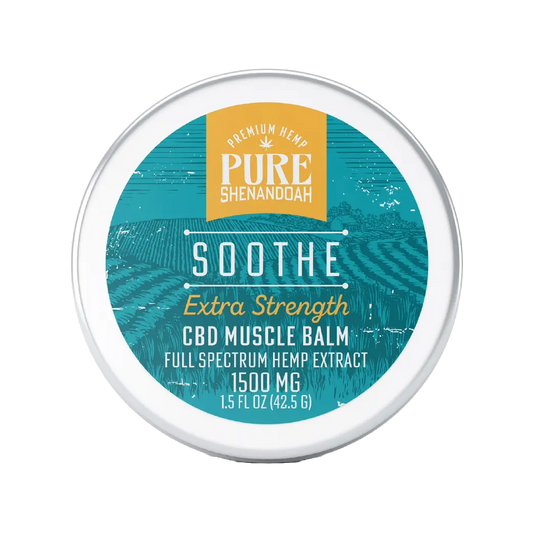 Pure Shenandoah Soothe CBD Muscle Balm front label, extra strength 1500 mg full spectrum hemp extract in a 1.5 oz round container.