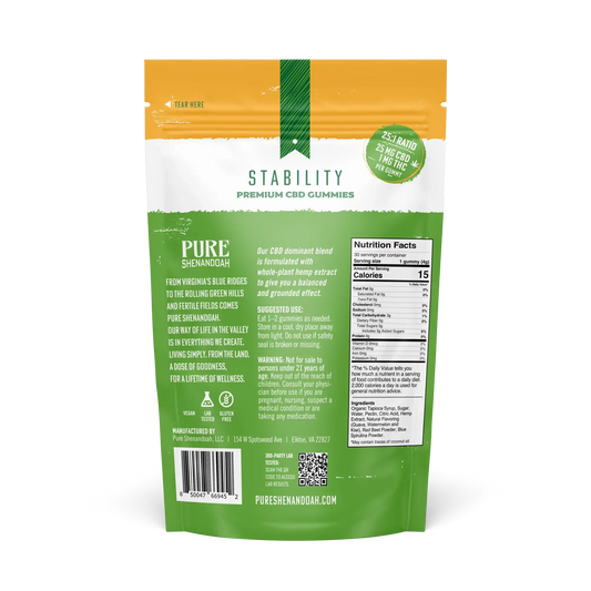 Back of Pure Shenandoah Stability CBD Gummies bag showing nutrition facts, dosage instructions, and supplement details.