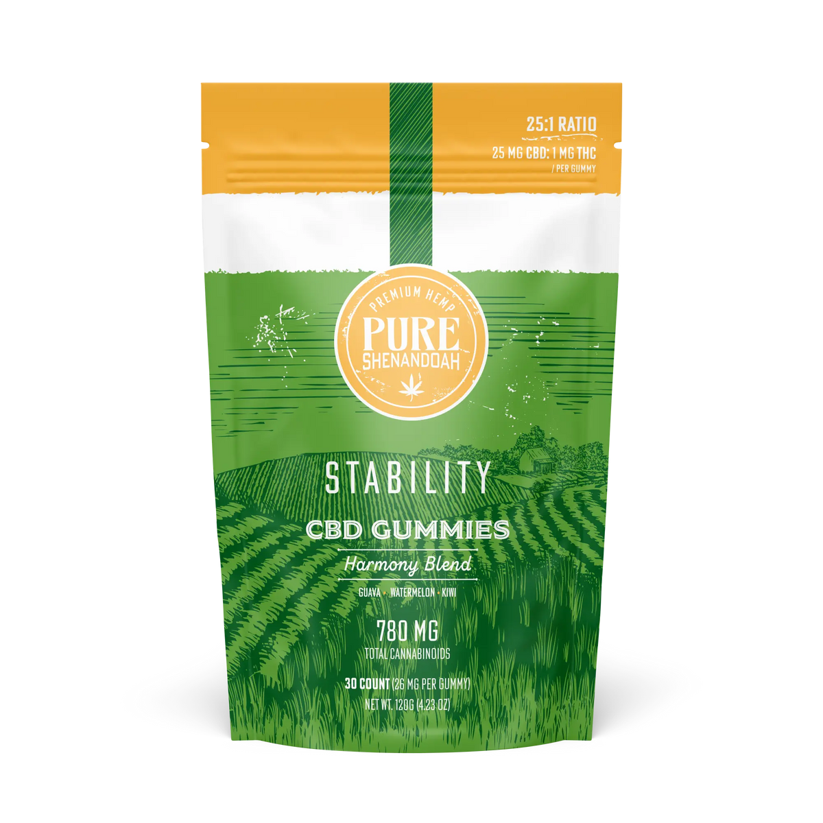 Pure Shenandoah Stability CBD Gummies bag, Harmony Blend with 25:1 ratio, 30 count, 780mg total cannabinoids.