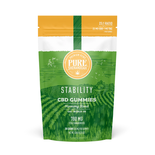 Pure Shenandoah Stability CBD Gummies bag, Harmony Blend with 25:1 ratio, 30 count, 780mg total cannabinoids.
