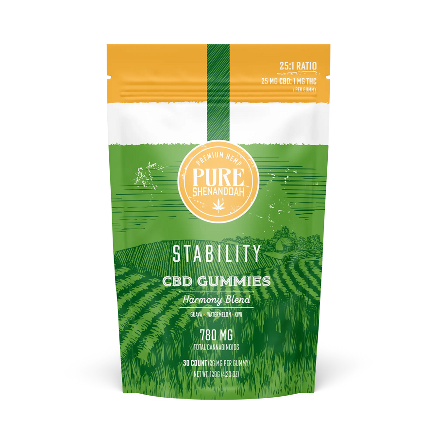 Pure Shenandoah Stability CBD Gummies bag, Harmony Blend with 25:1 ratio, 30 count, 780mg total cannabinoids.
