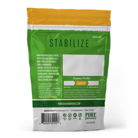 Pure Shenandoah Stabilize Hemp Flower 3.5 g front packaging, green and white resealable bag with hemp leaf design, window showing flower, labeled "Virginia’s Finest Hemp Flower."