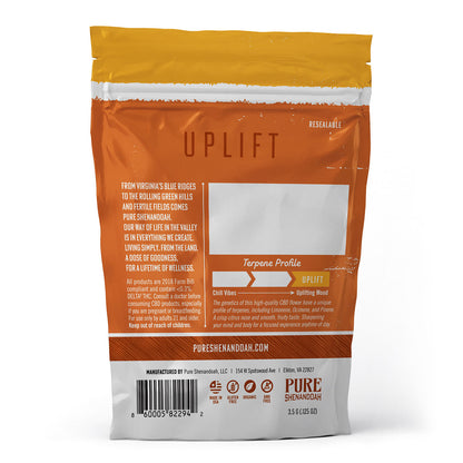 Pure Shenandoah Uplift Hemp Flower 3.5 g back packaging, orange and white resealable bag showing terpene profile, product details, barcode, and resealable label.