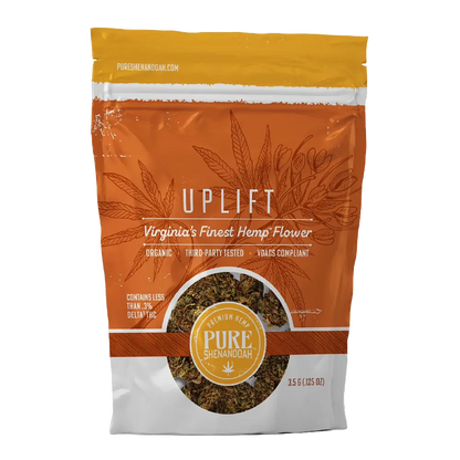 Pure Shenandoah Uplift Hemp Flower 3.5 g front packaging, orange and white resealable bag with hemp leaf design and clear window showing hemp flower.