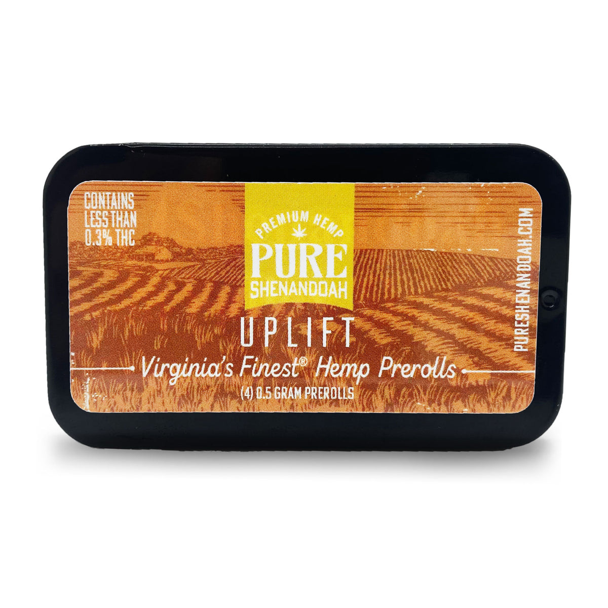 Pure Shenandoah Uplift Pre-Rolls tin, closed with orange and yellow label reading "Virginia’s Finest Hemp Prerolls," four 0.5 g pre-rolls, rectangular black container.