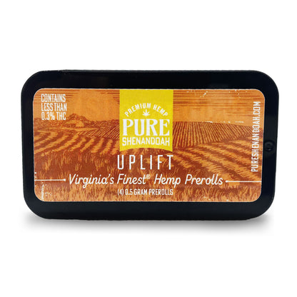Pure Shenandoah Uplift Pre-Rolls tin, closed with orange and yellow label reading "Virginia’s Finest Hemp Prerolls," four 0.5 g pre-rolls, rectangular black container.