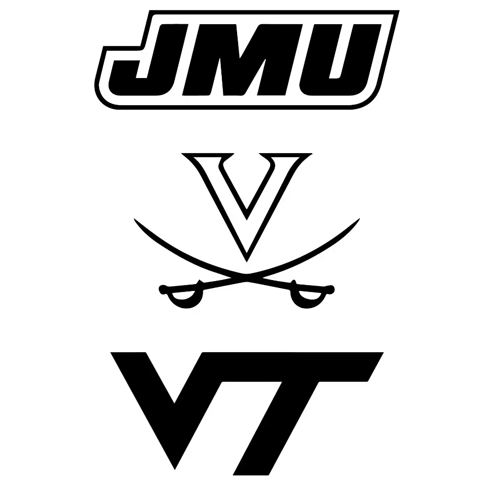 Logos of James Madison University, University of Virginia, and Virginia Tech, research partners with Pure Shenandoah in 2019.