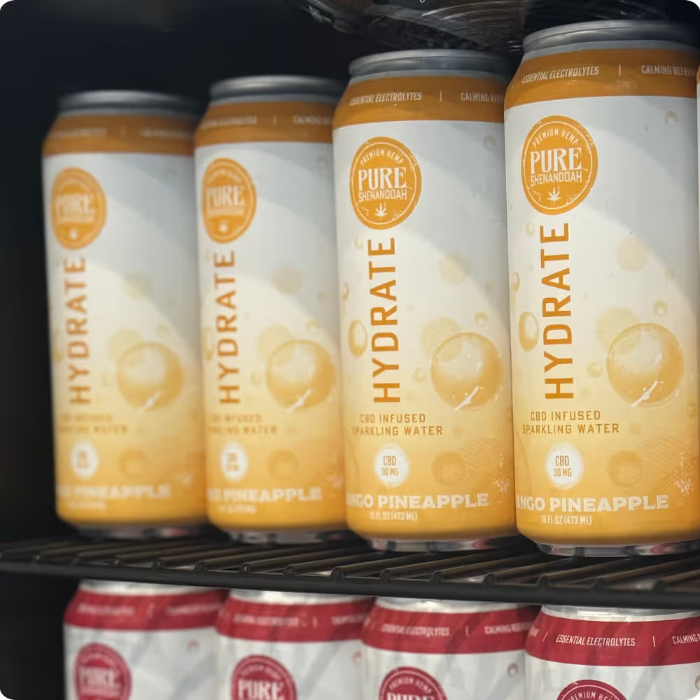 Pure Shenandoah beverage product line featuring THC and CBD seltzers, available for wholesale distribution.