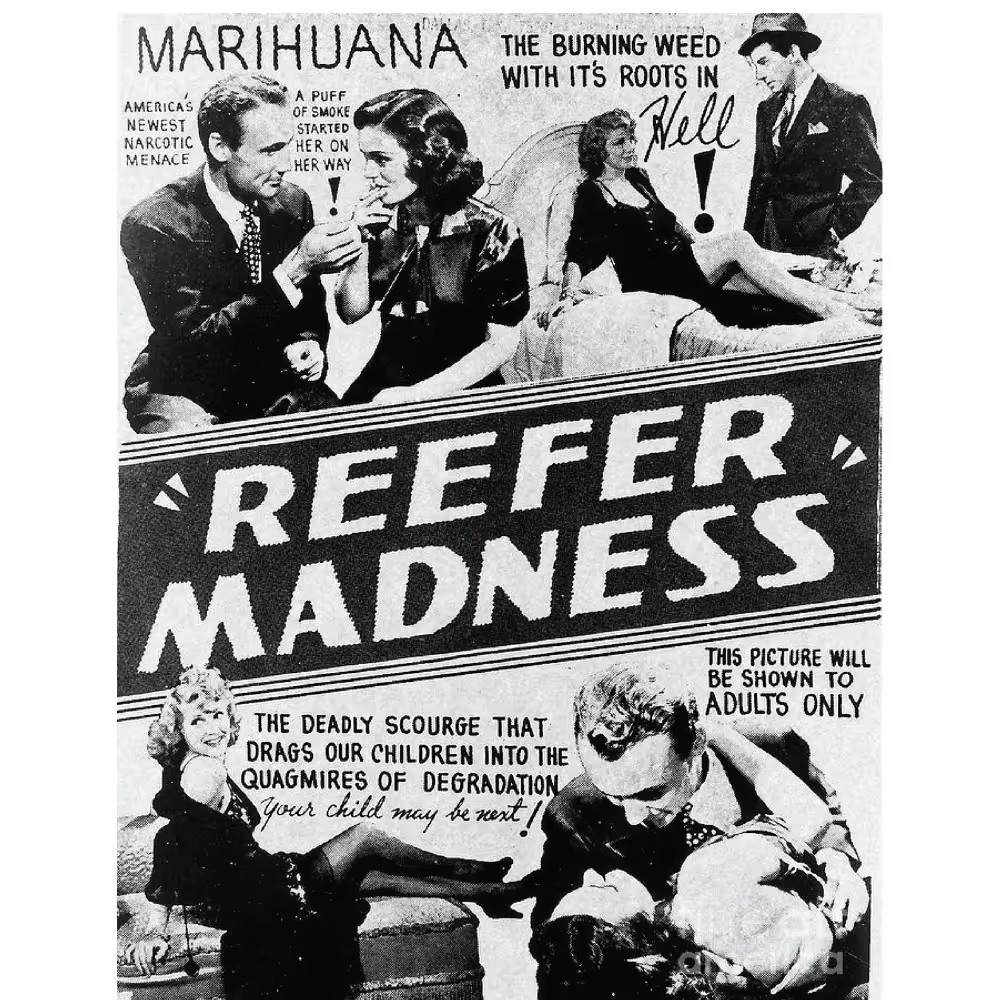 1936 Reefer Madness poster used by the U.S. government as propaganda to mislead the public about cannabis.